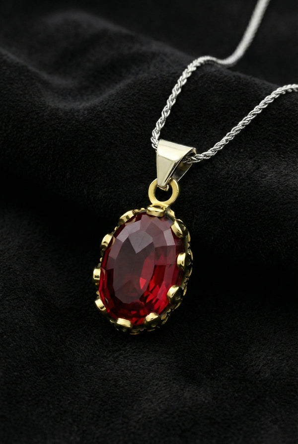 Gilded Oval Garnet Gemstone Pendant Necklace | 925 Silver