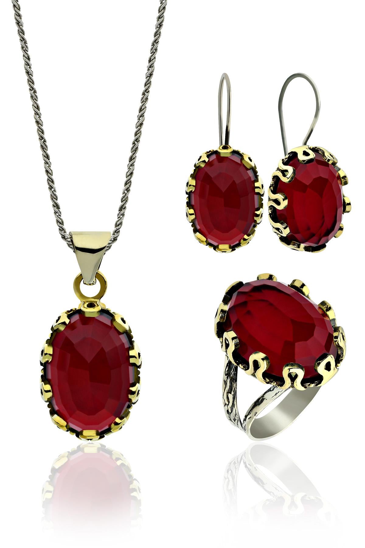 Gilded Oval Garnet Gemstone Jewelry Set in 925 sterling silver - view 7
