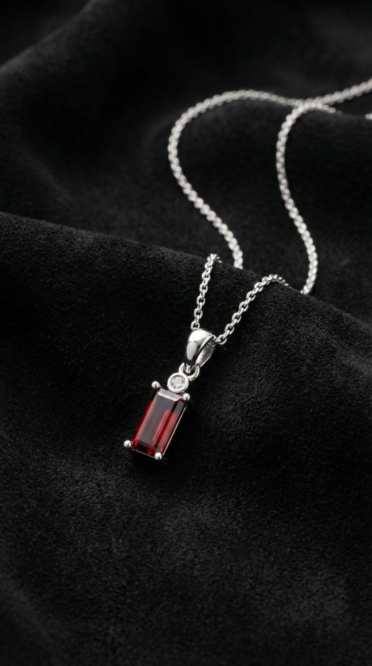 Rhodium Plated Ruby Solitaire Baguette Silver Necklace