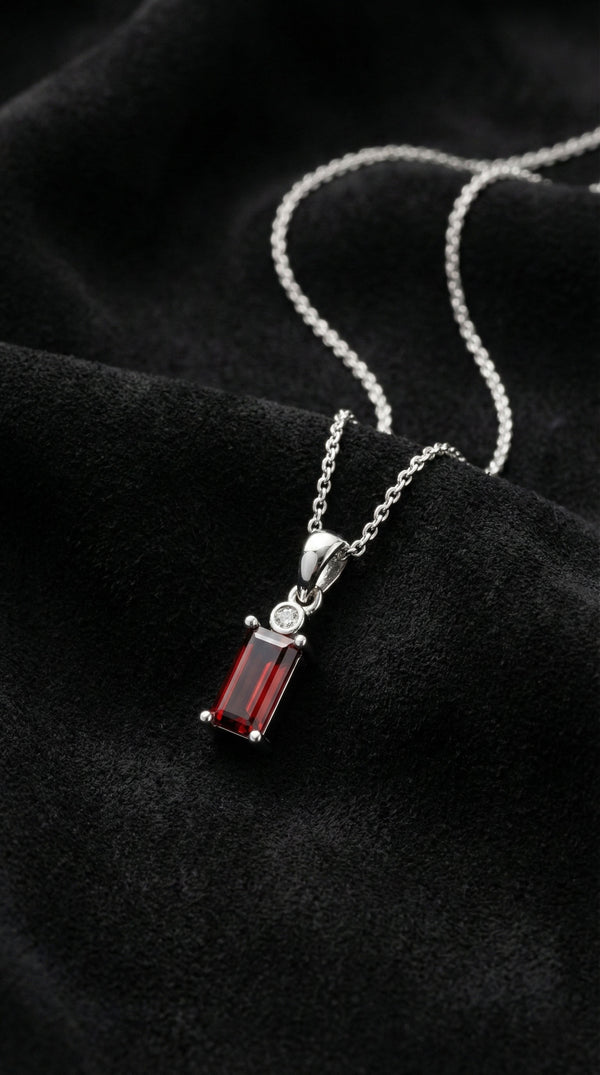 Rhodium Plated Ruby Solitaire Baguette Silver Necklace