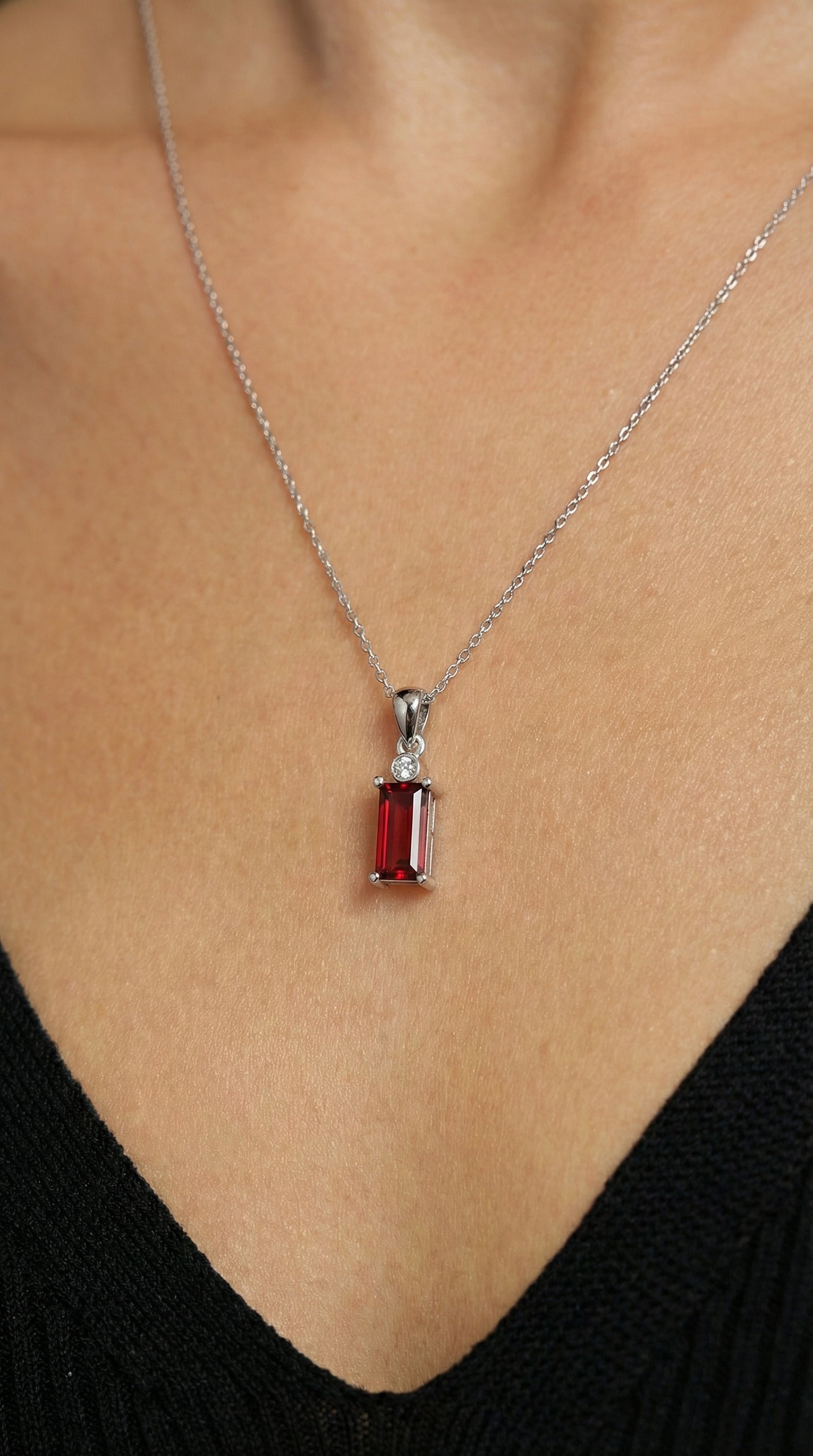 Garnet Solitaire Baguette Necklace Rhodium Plated Silver