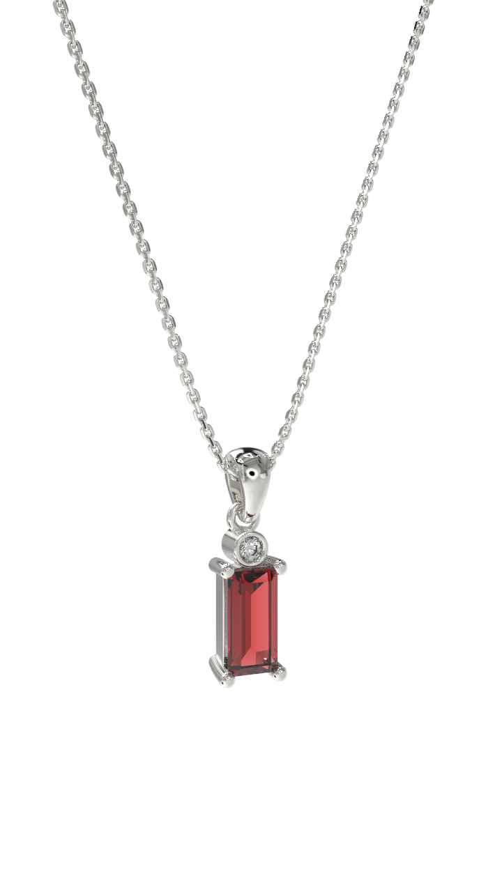 Garnet Solitaire Baguette Necklace Rhodium Plated Silver