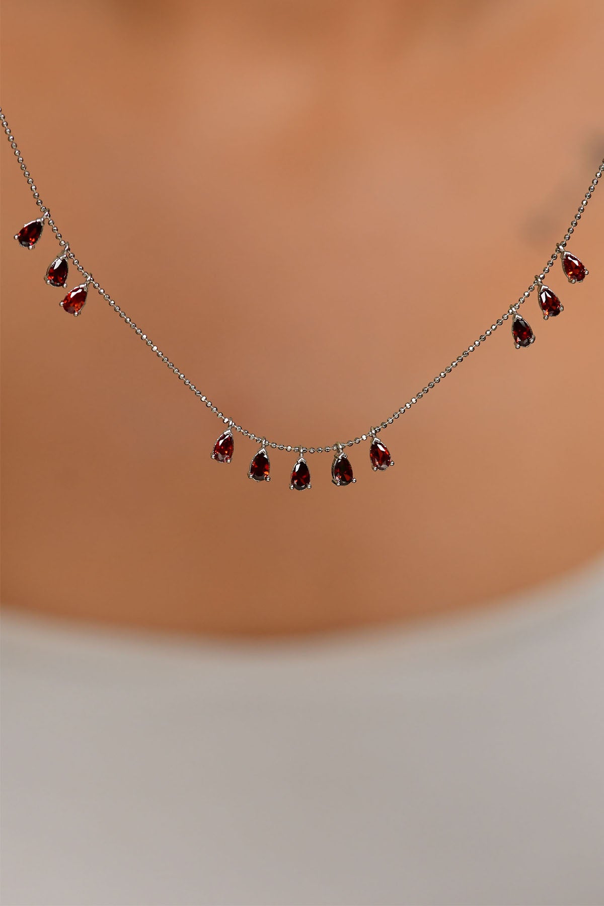 Three Row Shakira Drop Necklace Garnet Rhodium in 925 sterling silver - view 2