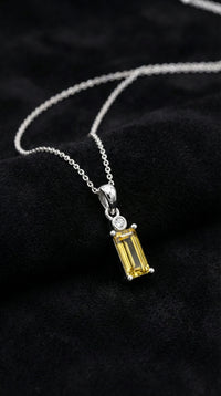 Lemon Blossom Stone Rhodium Solitaire Baguette Silver Necklace