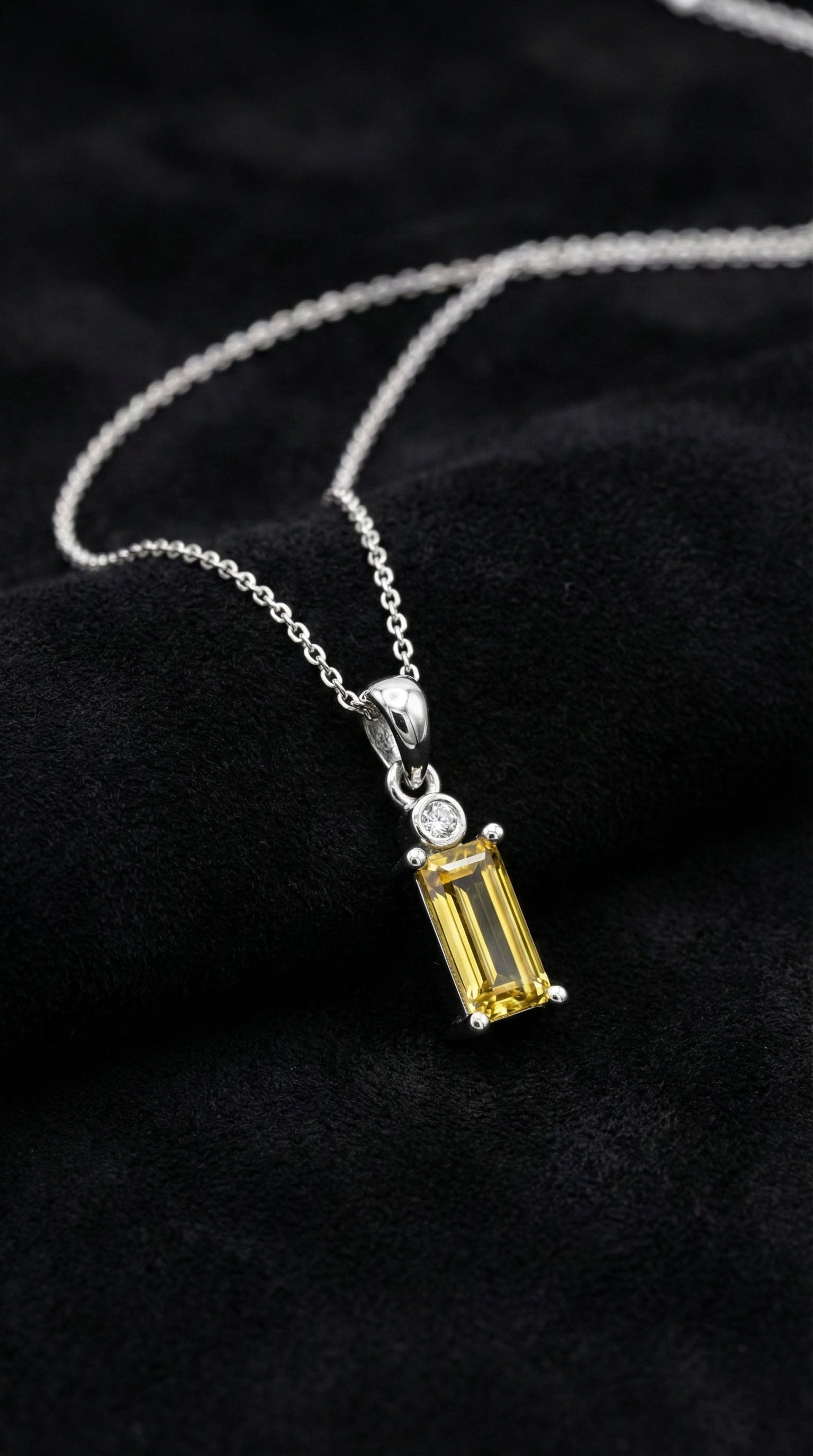 Lemon Blossom Stone Rhodium Solitaire Baguette Silver Necklace