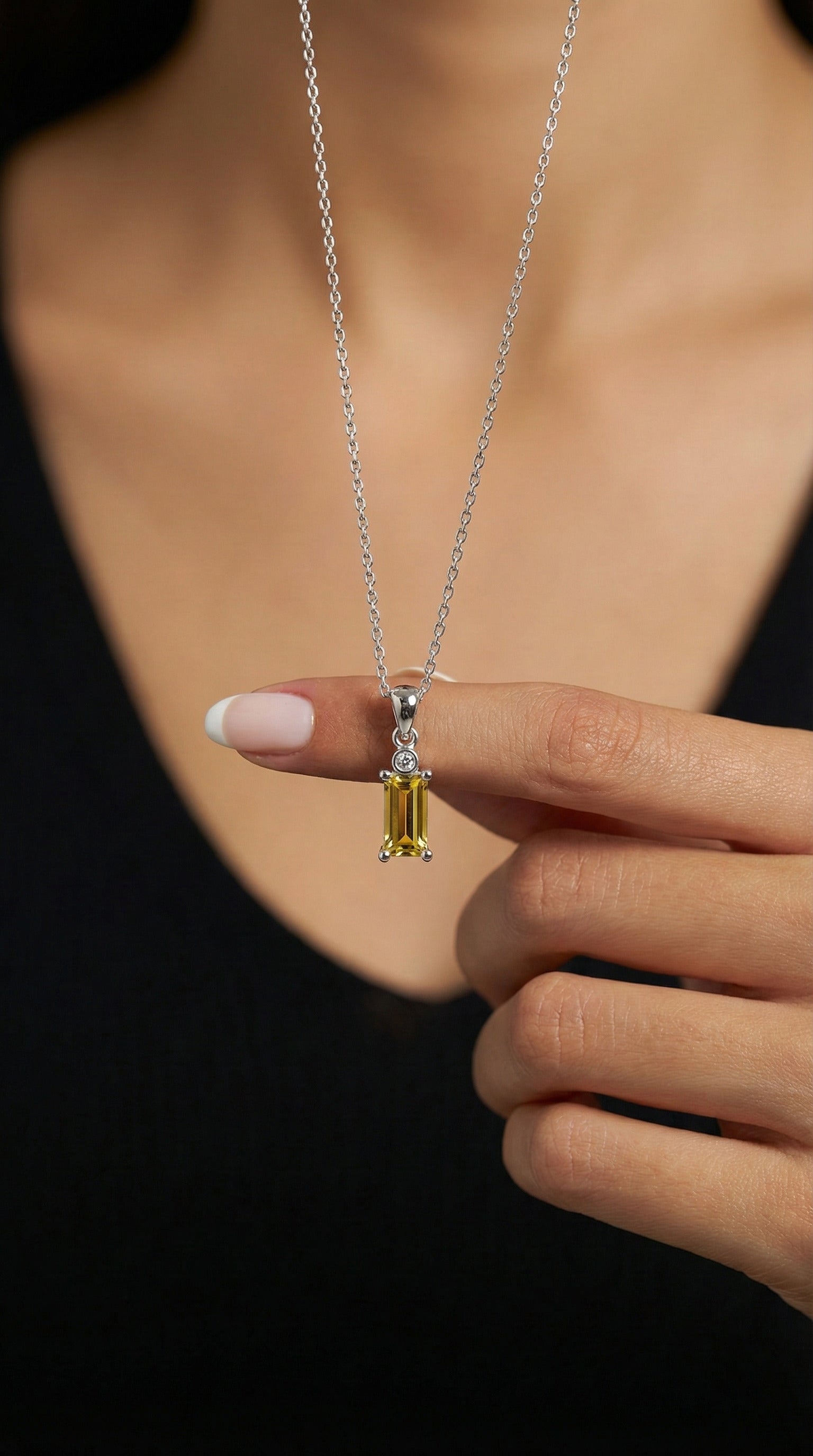 Lemon Flower Solitaire Baguette Necklace Rhodium Plated Silver