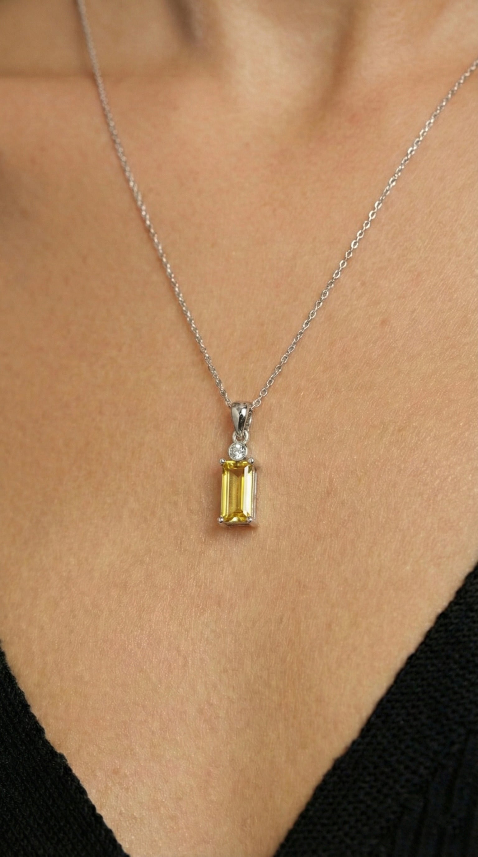 Lemon Flower Solitaire Baguette Necklace Rhodium Plated Silver