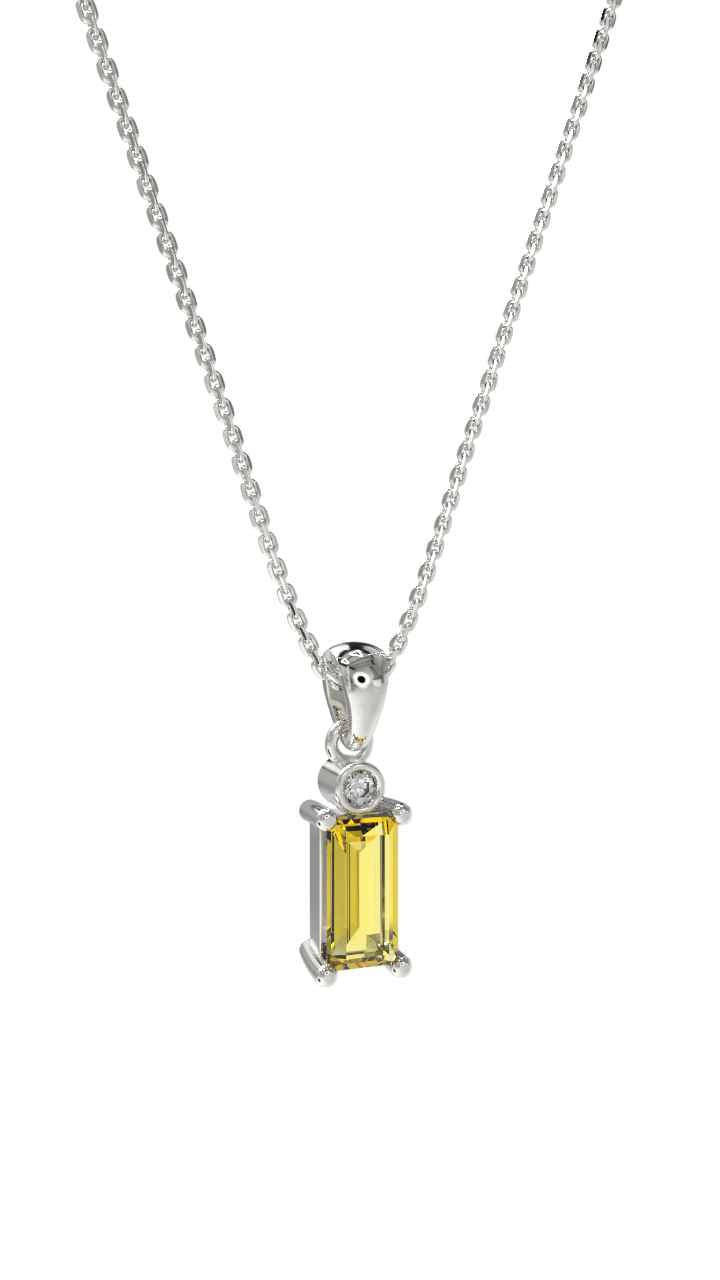 Lemon Flower Solitaire Baguette Necklace Rhodium Plated Silver