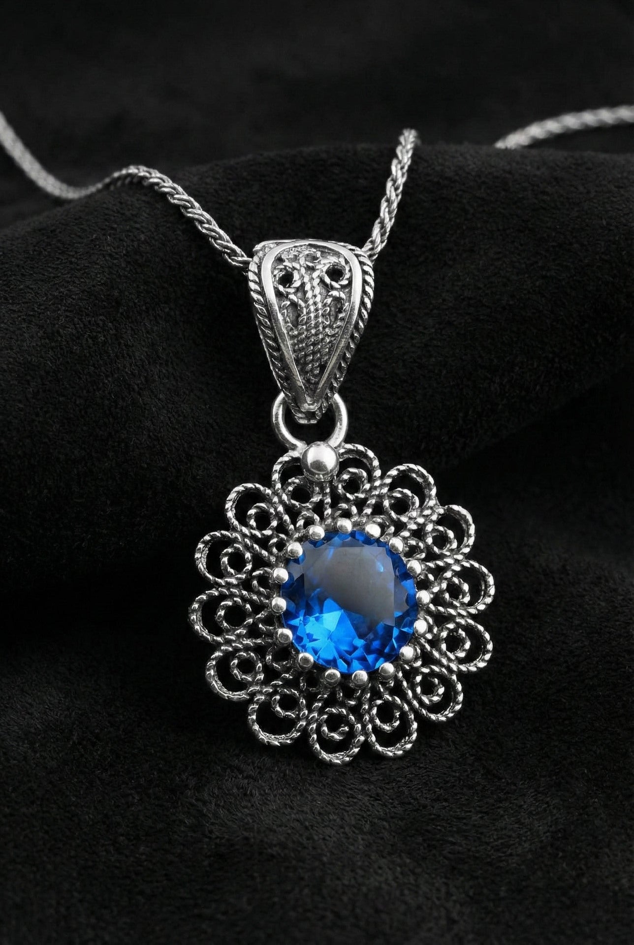 March Aquamarine Birthstone Filigree Silver Necklace with Floral Motifs