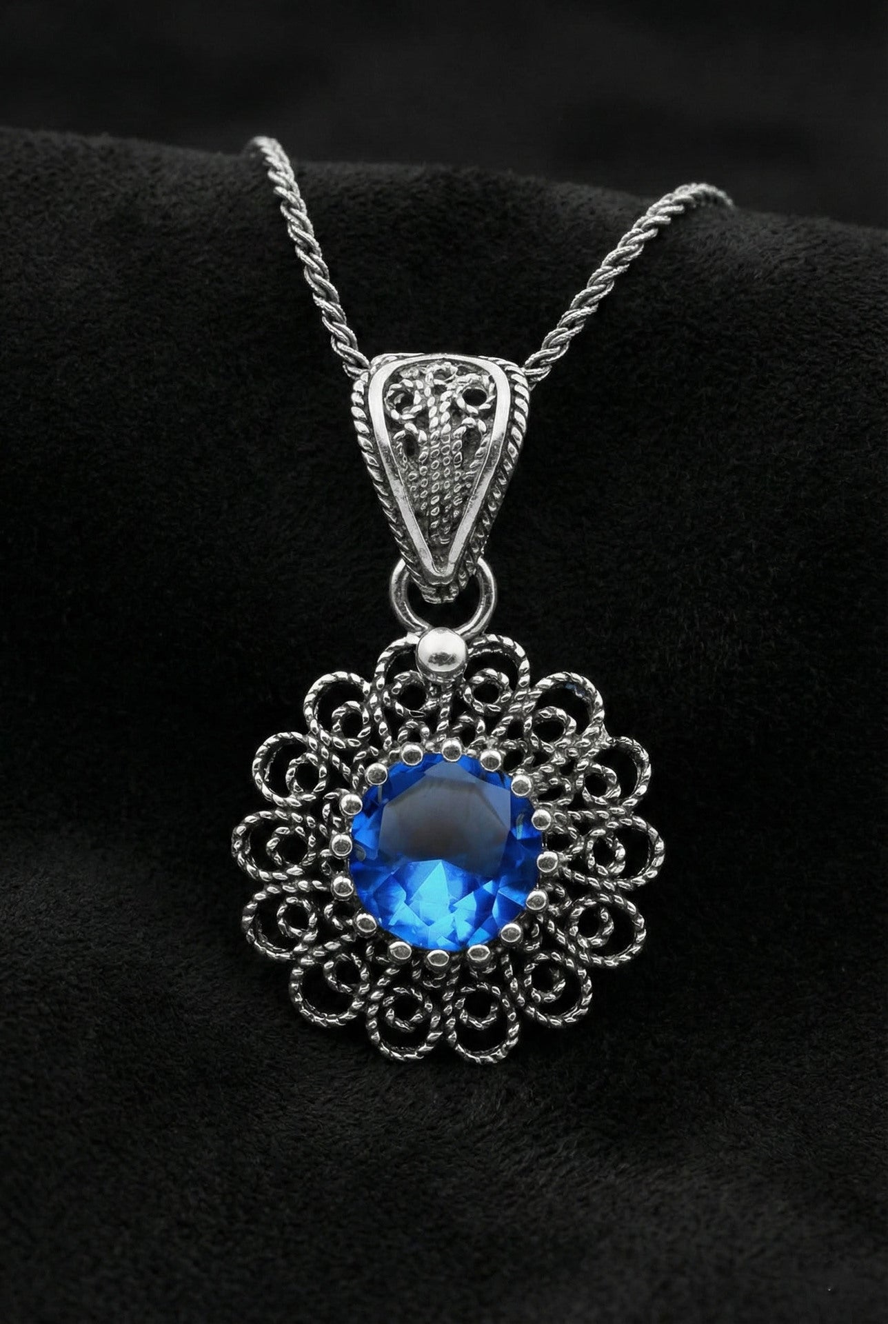 March Aquamarine Birthstone Flower Motif Filigree Necklace Silver