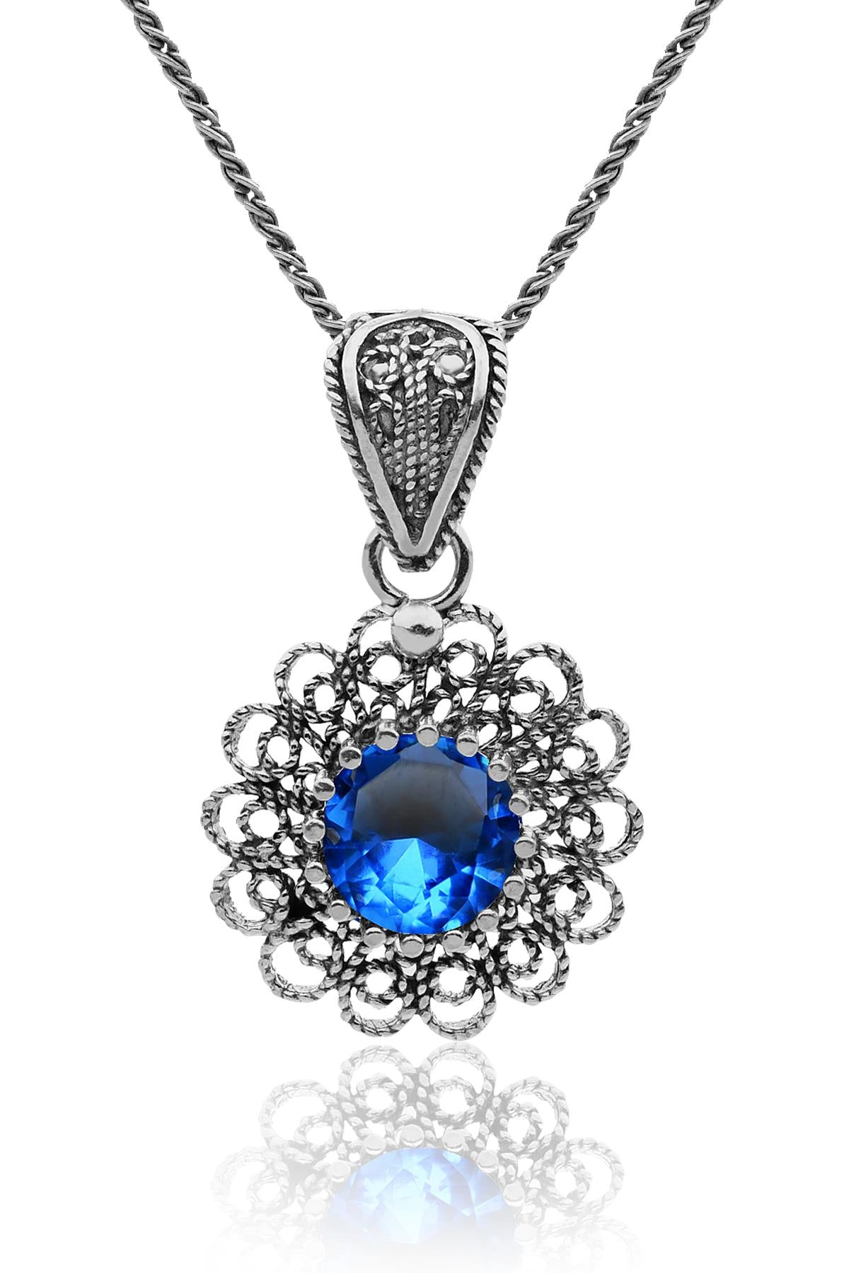 March Aquamarine Birthstone Flower Motif Filigree Necklace Silver