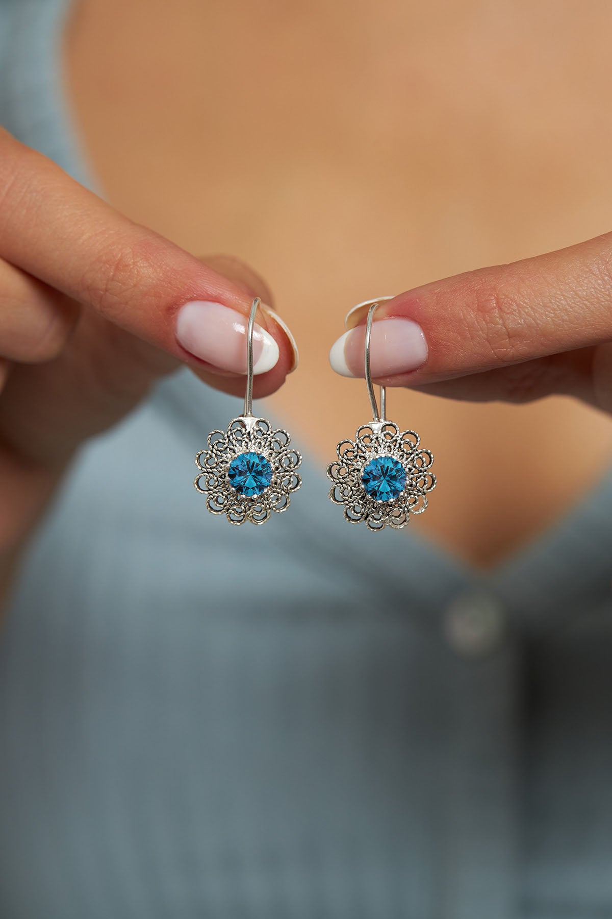 March Aquamarine Birthstone Flower Drops | 925 Silver