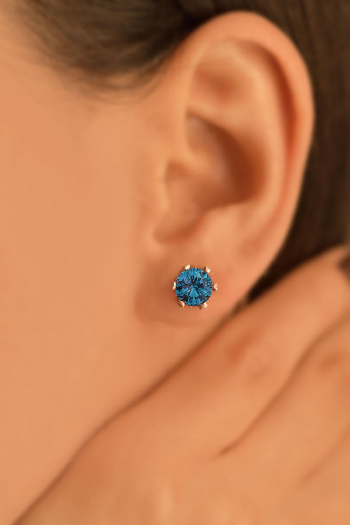 March Aquamarine Birthstone Solitaire Stud Earrings Rose Gold Plated Silver