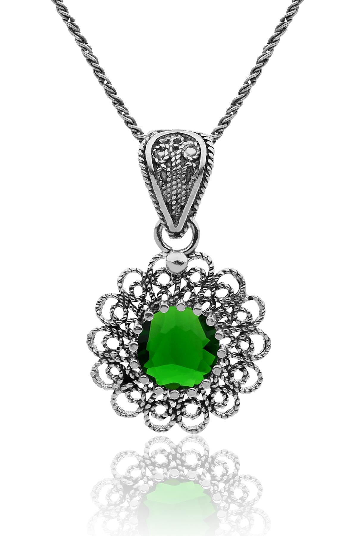 May Emerald Birthstone Filigree Silver Necklace with Flower Motif