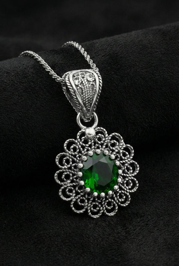 Emerald May Birthstone Filigree Flower Necklace | 925 Silver
