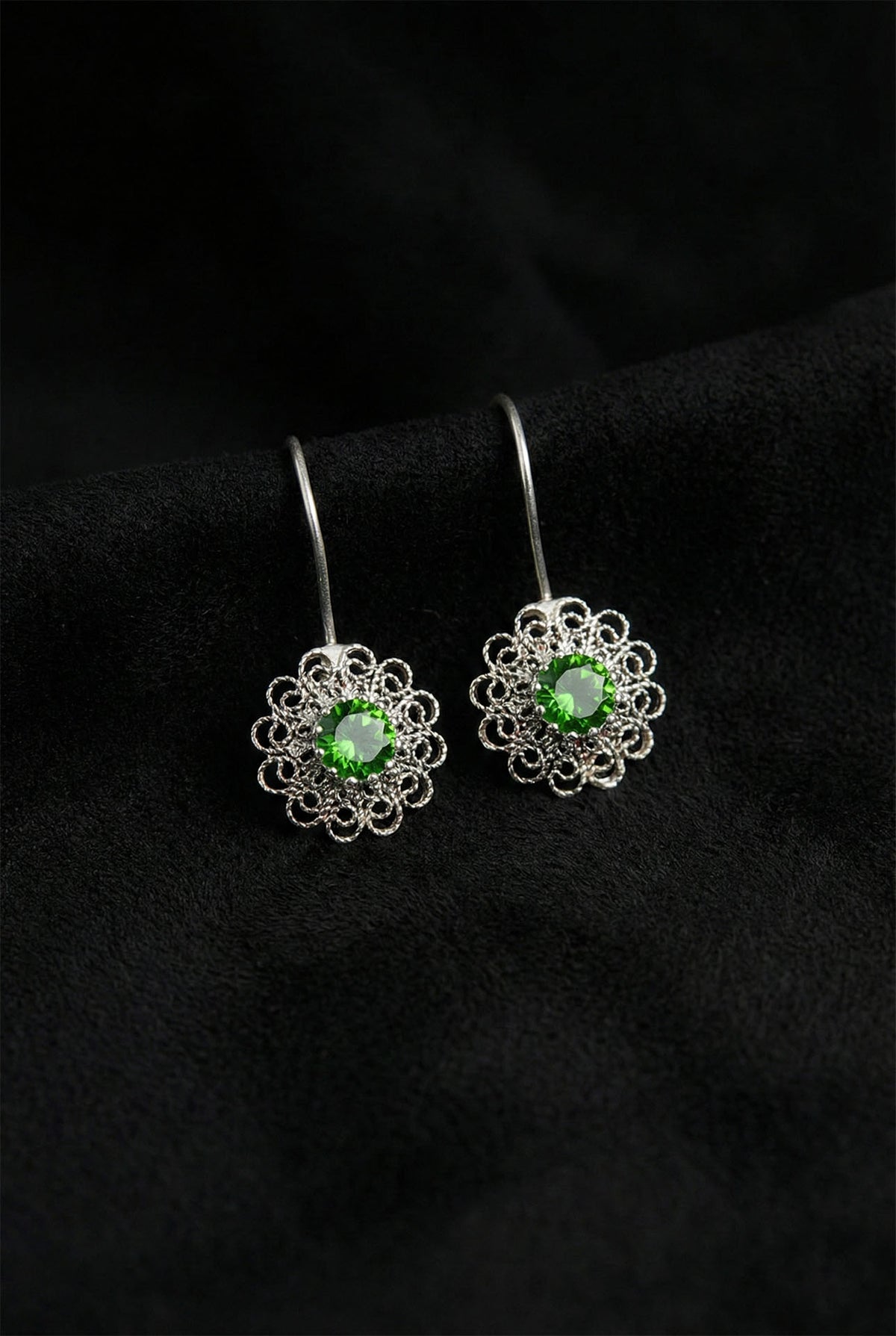 May Emerald Birthstone Flower Filigree Drops in 925 sterling silver