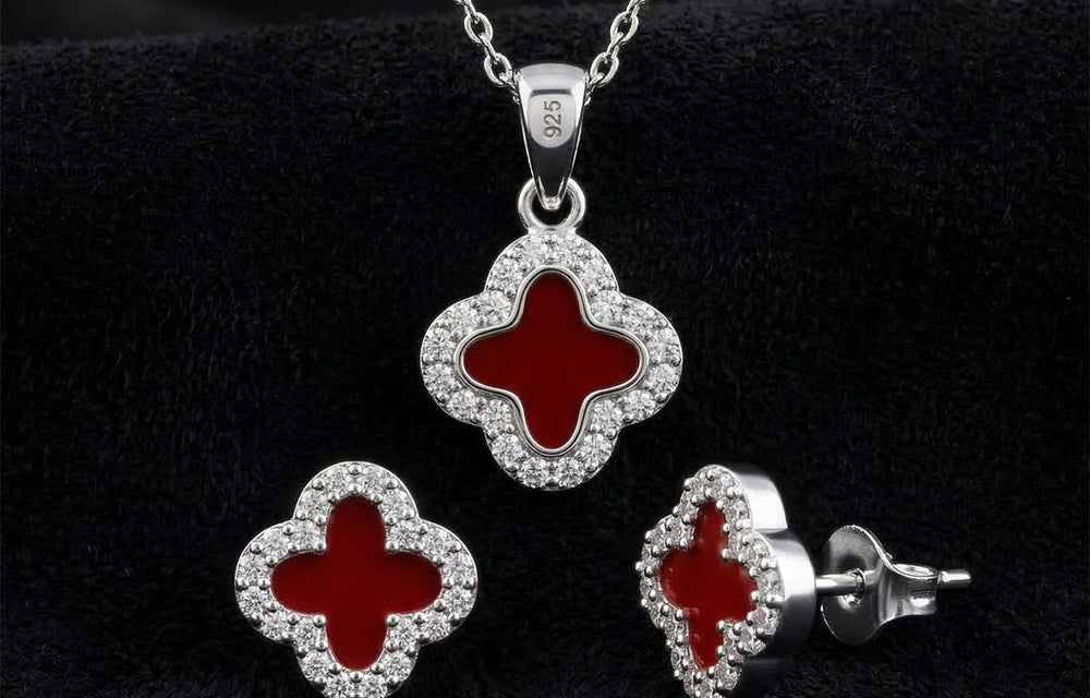 925 silver red enamel necklace and earrings jewellery set
