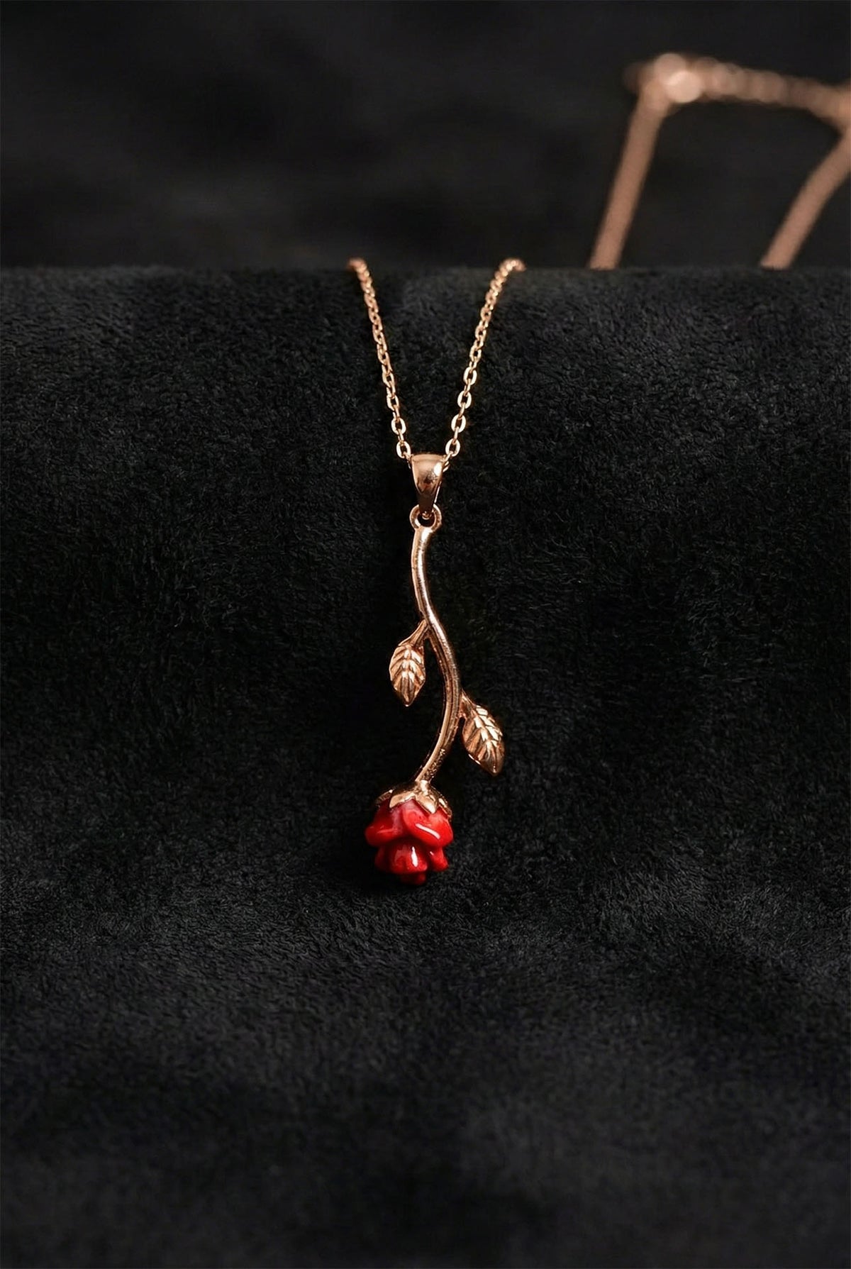 Rose Gold Red Enamel Rose Pendant Necklace | 925 Silver