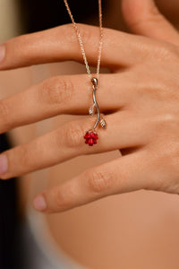 Enamelled Rose Red Rose Silver Necklace