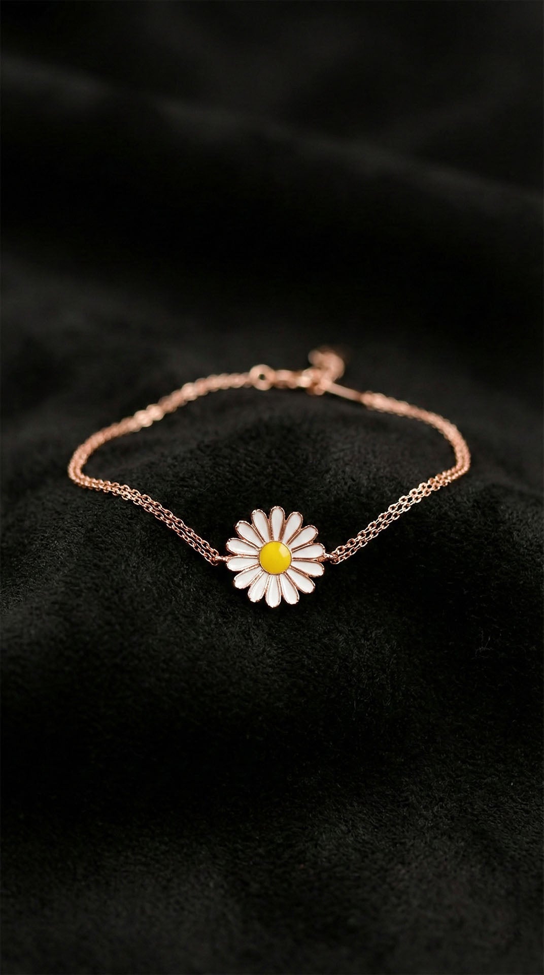 Rose Gold Daisy, Enamel Flower Chain Bracelet in 925 sterling silver