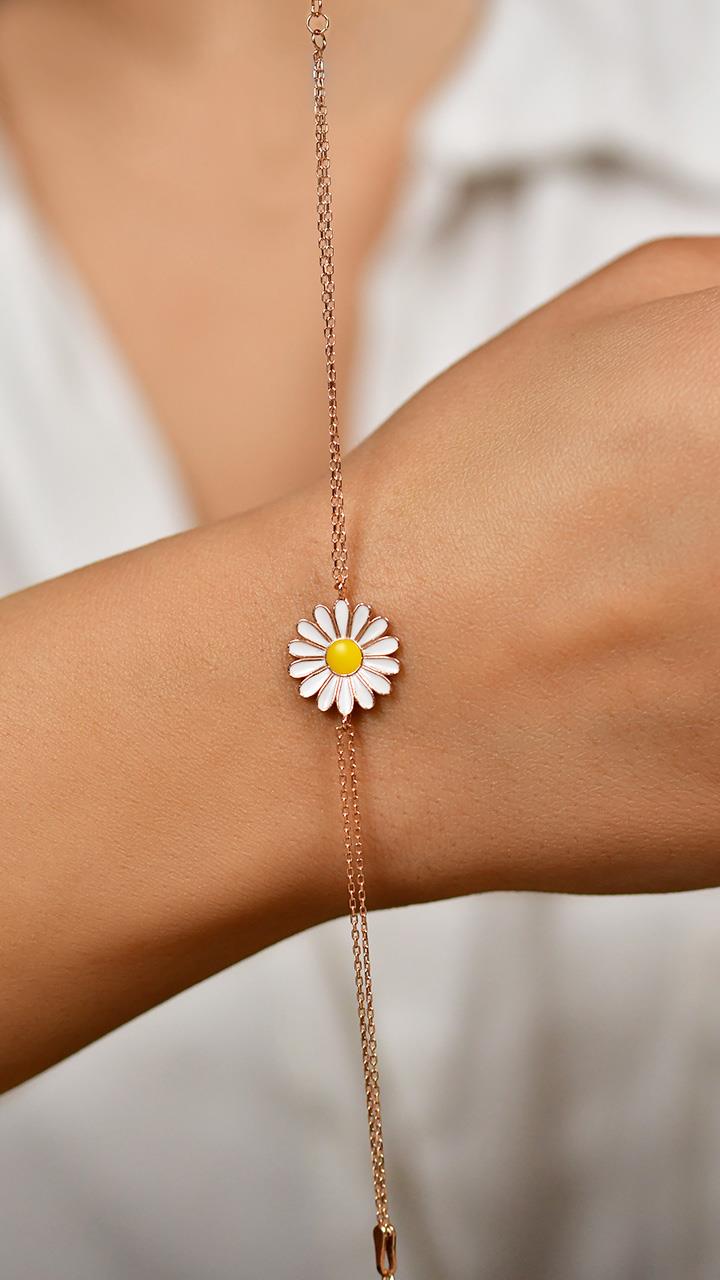 Enamel Daisy Bracelet Rose Gold Plated Silver