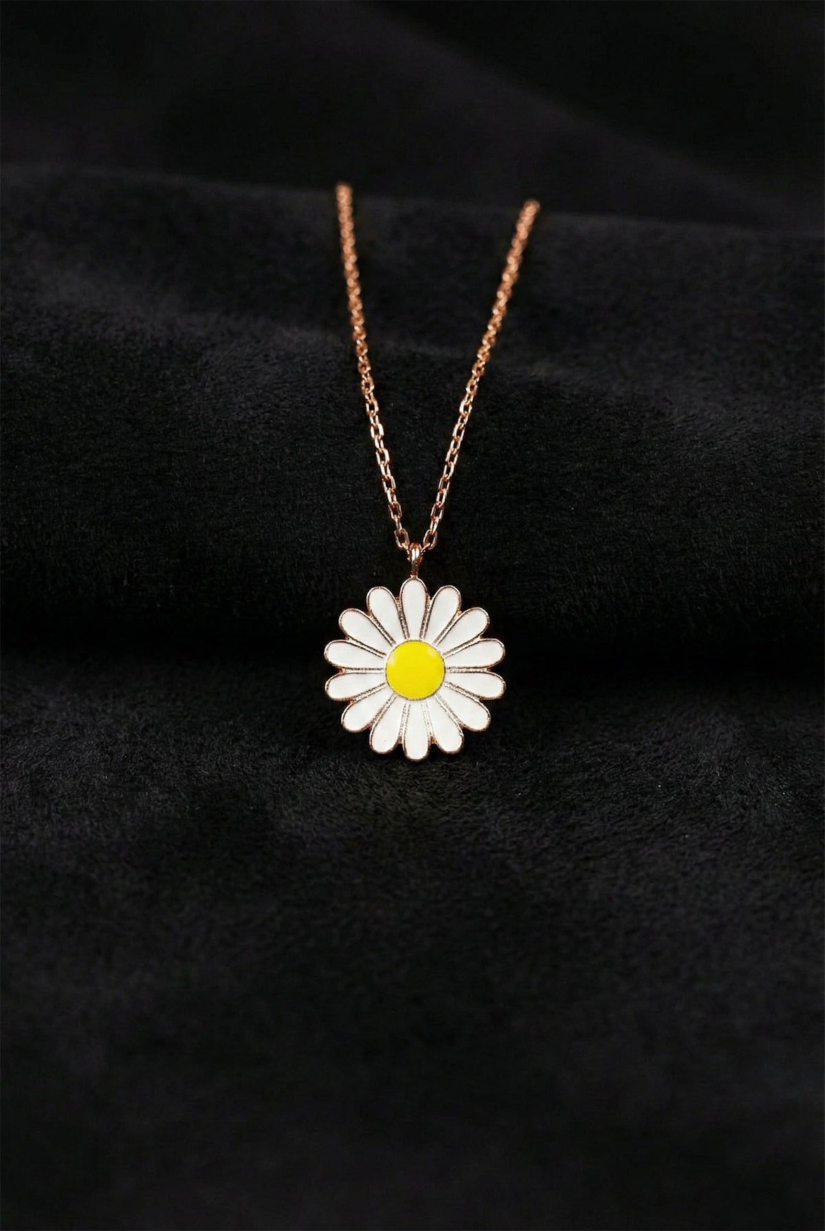 Rose Gold Enamel Daisy Flower Pendant Necklace in 925 sterling silver