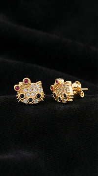 Mixed Stone Gold Hello Kitty Stud Minimal Silver Earrings