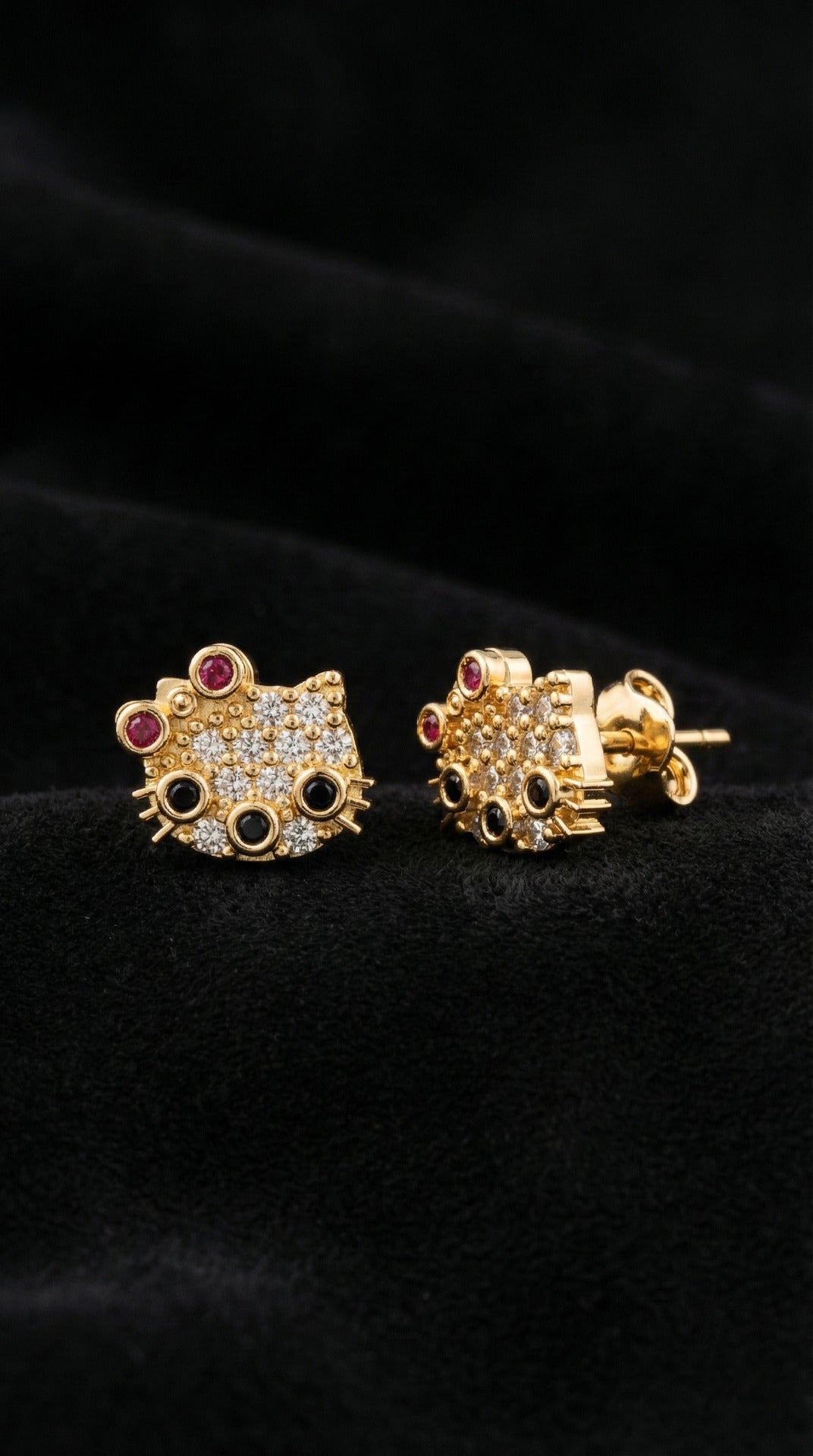 Mixed Stone Gold Hello Kitty Stud Minimal Silver Earrings