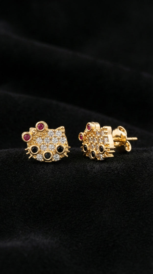 Mixed Stone Gold Hello Kitty Stud Minimal Silver Earrings