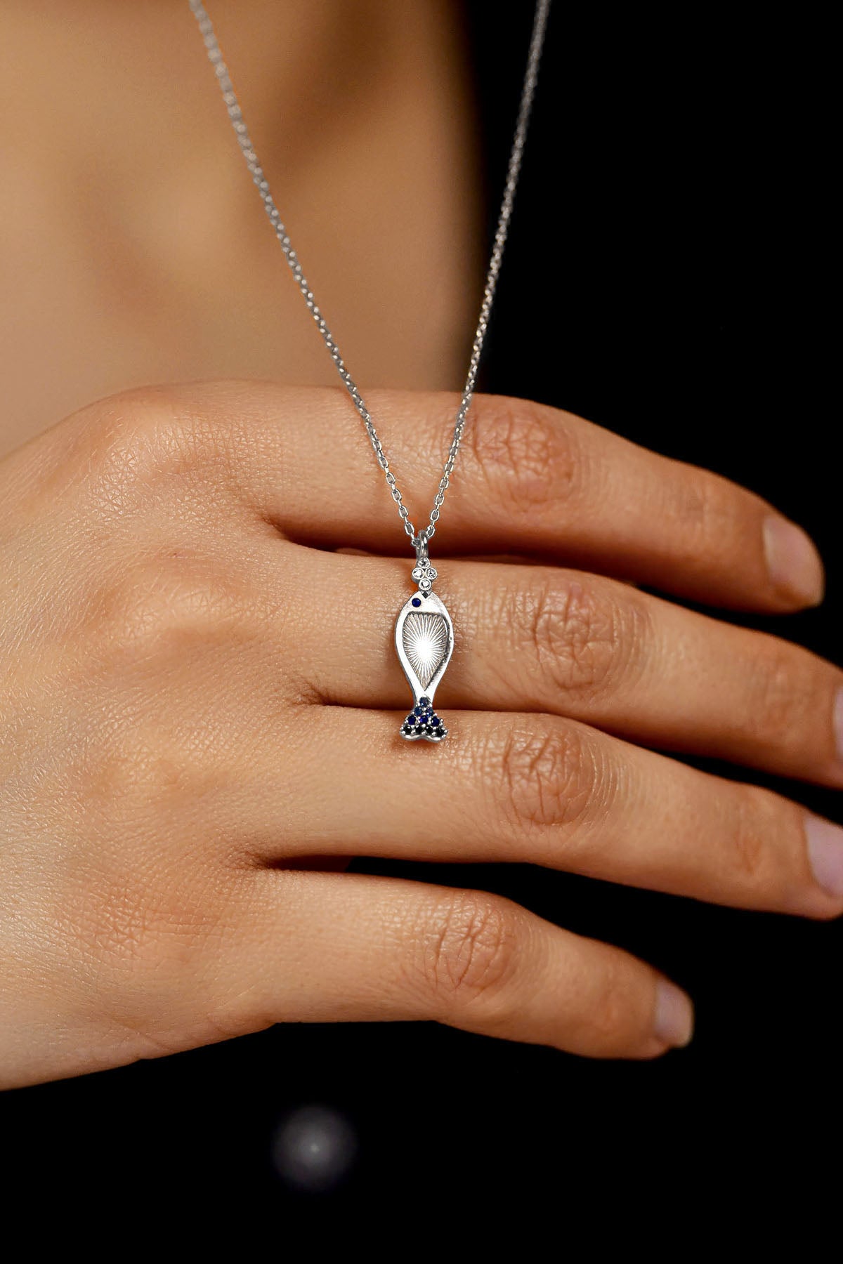 Rhodium Mixed Gem Fish Pendant Necklace in 925 sterling silver - view 3