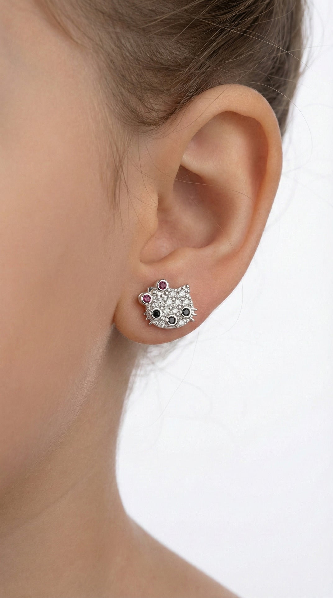 Mixed Stone Rhodium Plated Hello Kitty Stud Minimalist Silver Earrings