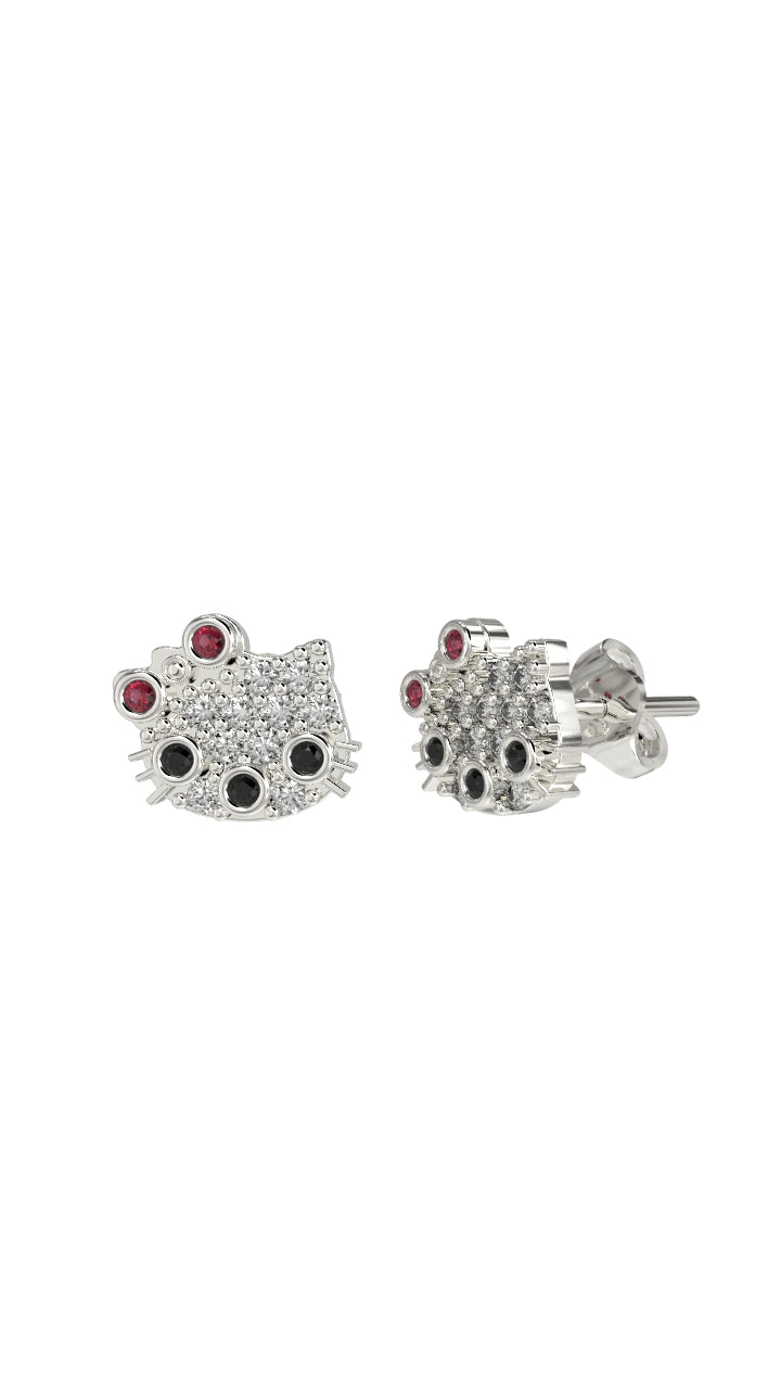 Mixed Stone Rhodium Plated Hello Kitty Stud Minimalist Silver Earrings