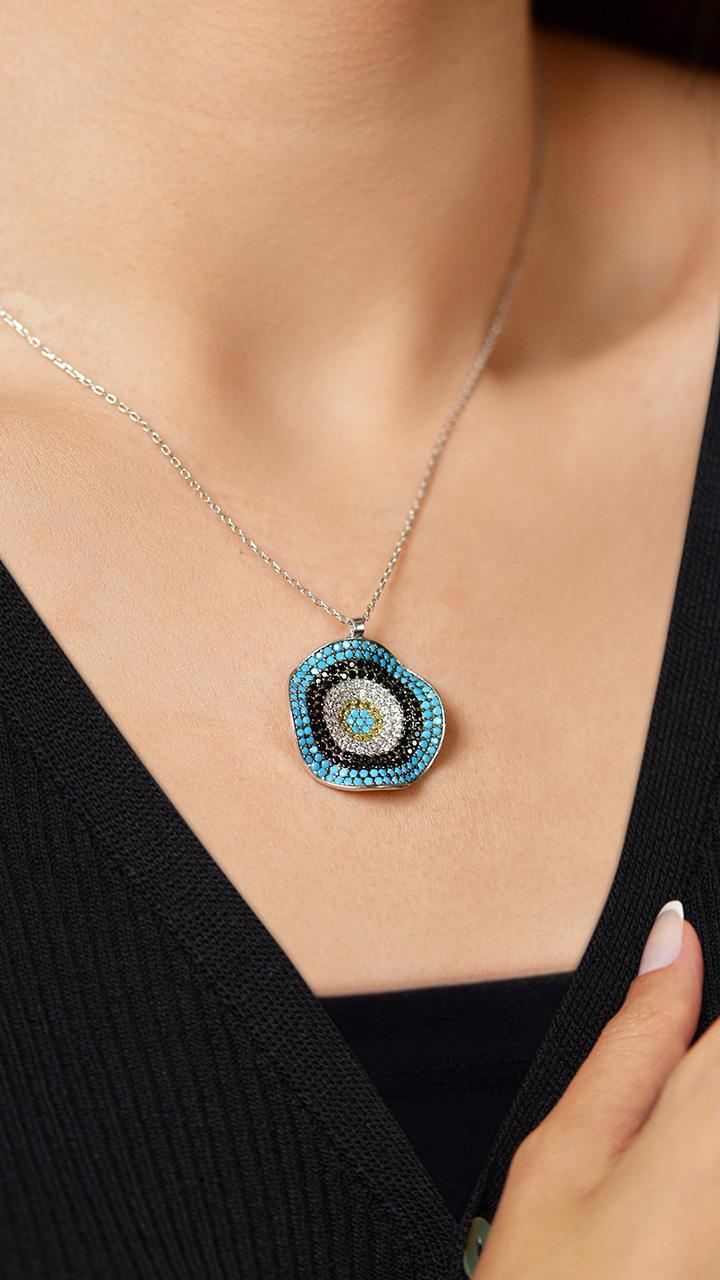 Mixed Evil Eye Necklace Rhodium Plated Silver