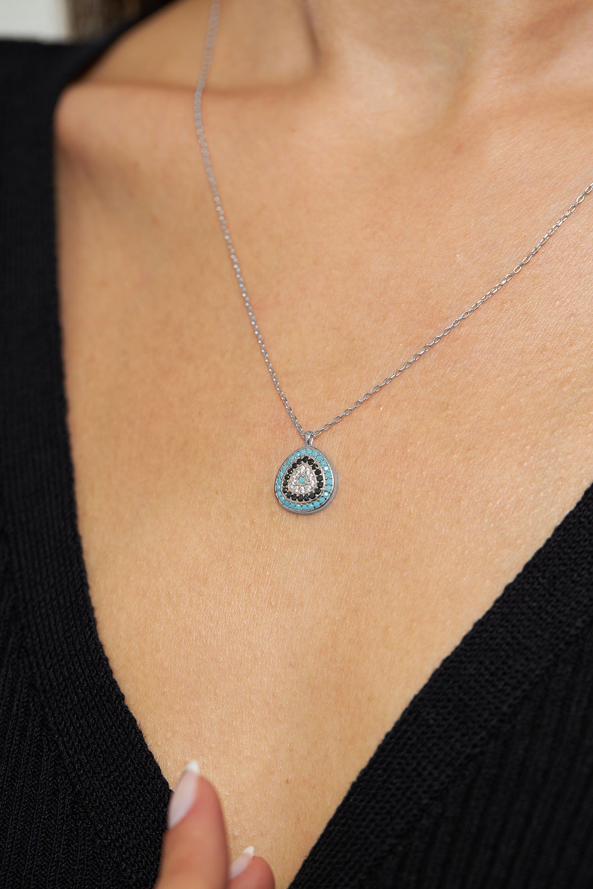 Rhodium Zircon Evil Eye Teardrop Necklace in 925 sterling silver - view 4