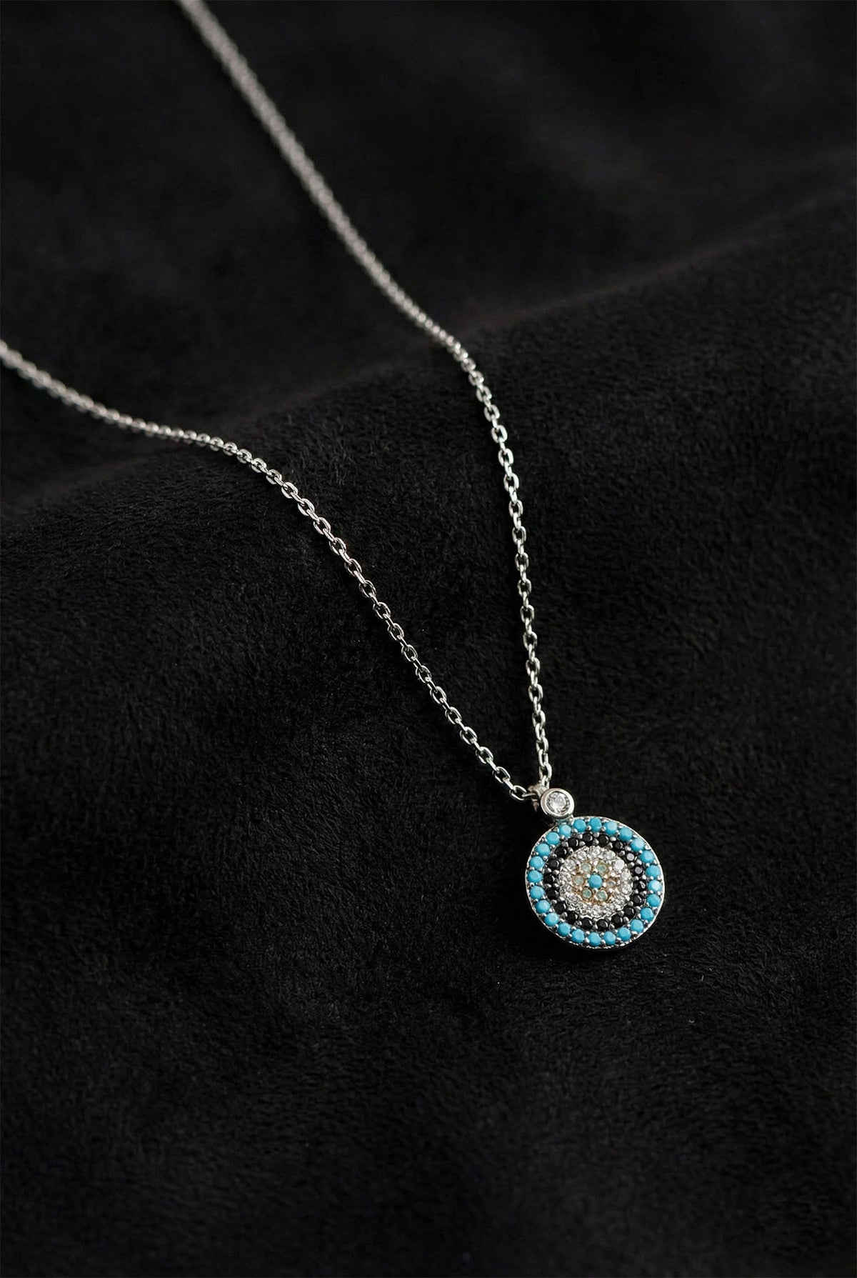 Rhodium Mixed Round Evil Eye Pendant Necklace in 925 sterling silver