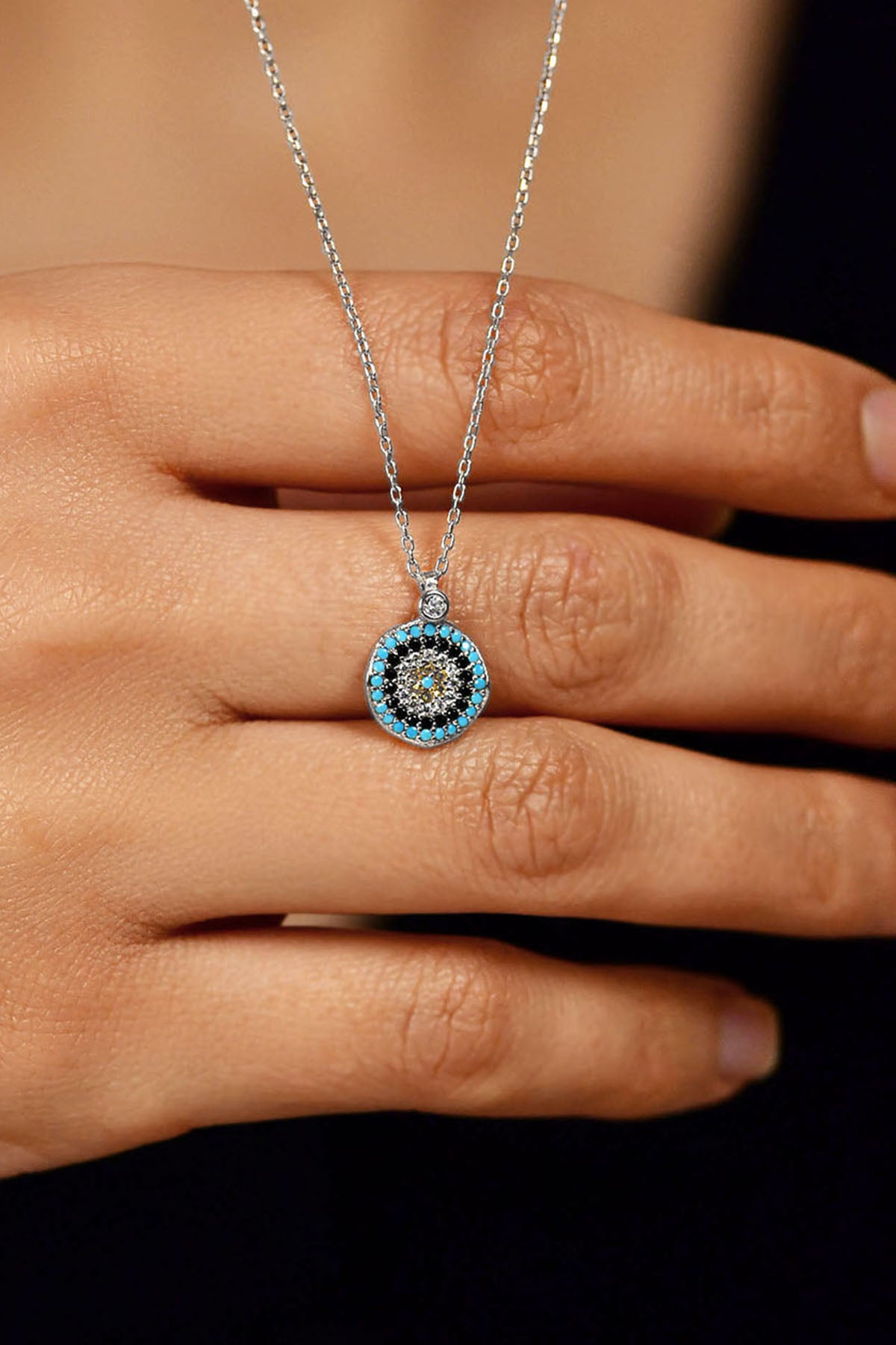 Rhodium Mixed Round Evil Eye Pendant Necklace in 925 sterling silver - view 2