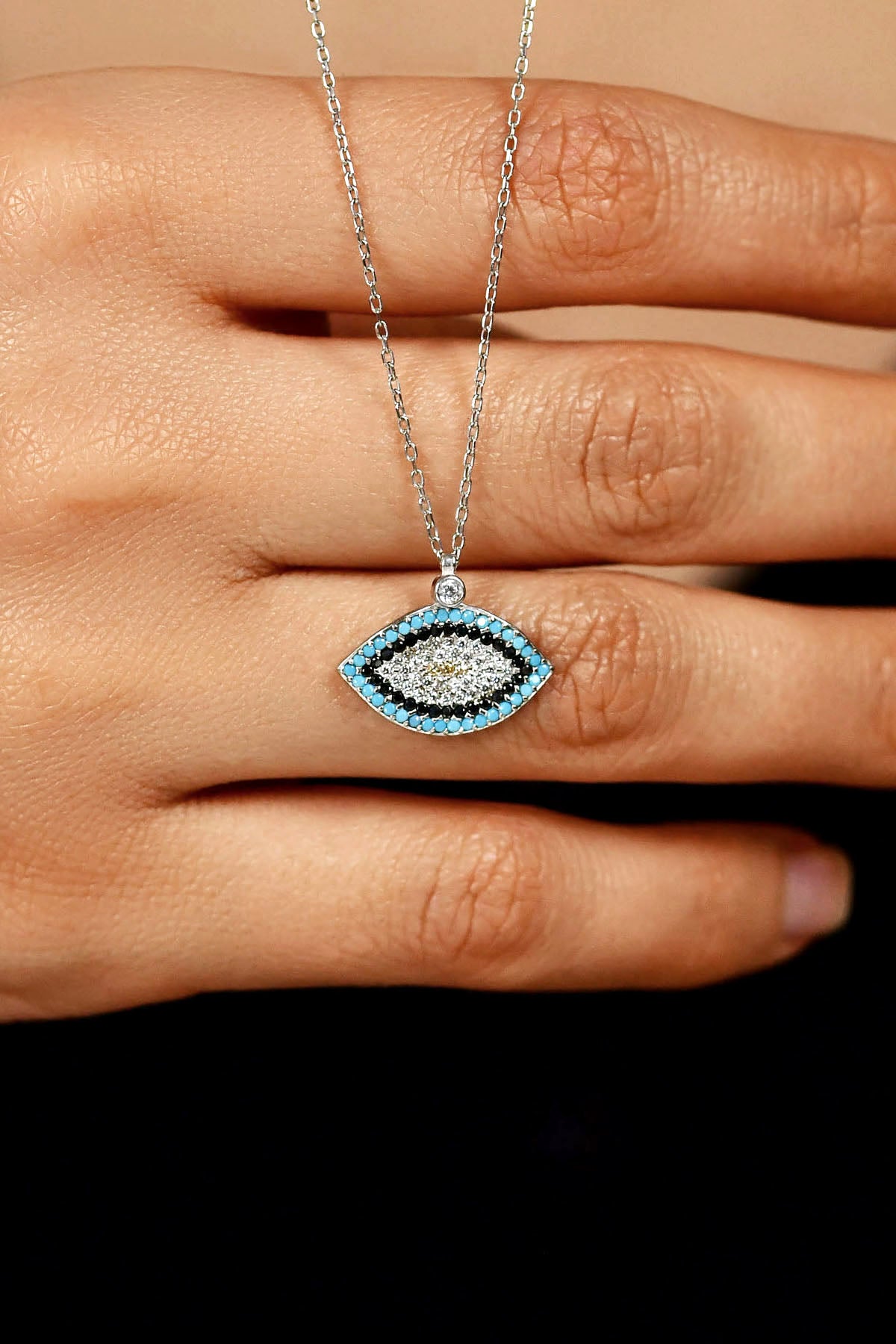 Rhodium Mixed Stone Evil Eye Pendant Necklace in 925 sterling silver - view 2