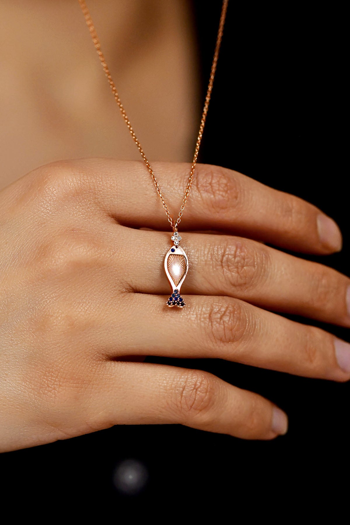 Rose Gold Mixed Gem Fish Pendant Necklace in 925 sterling silver - view 3