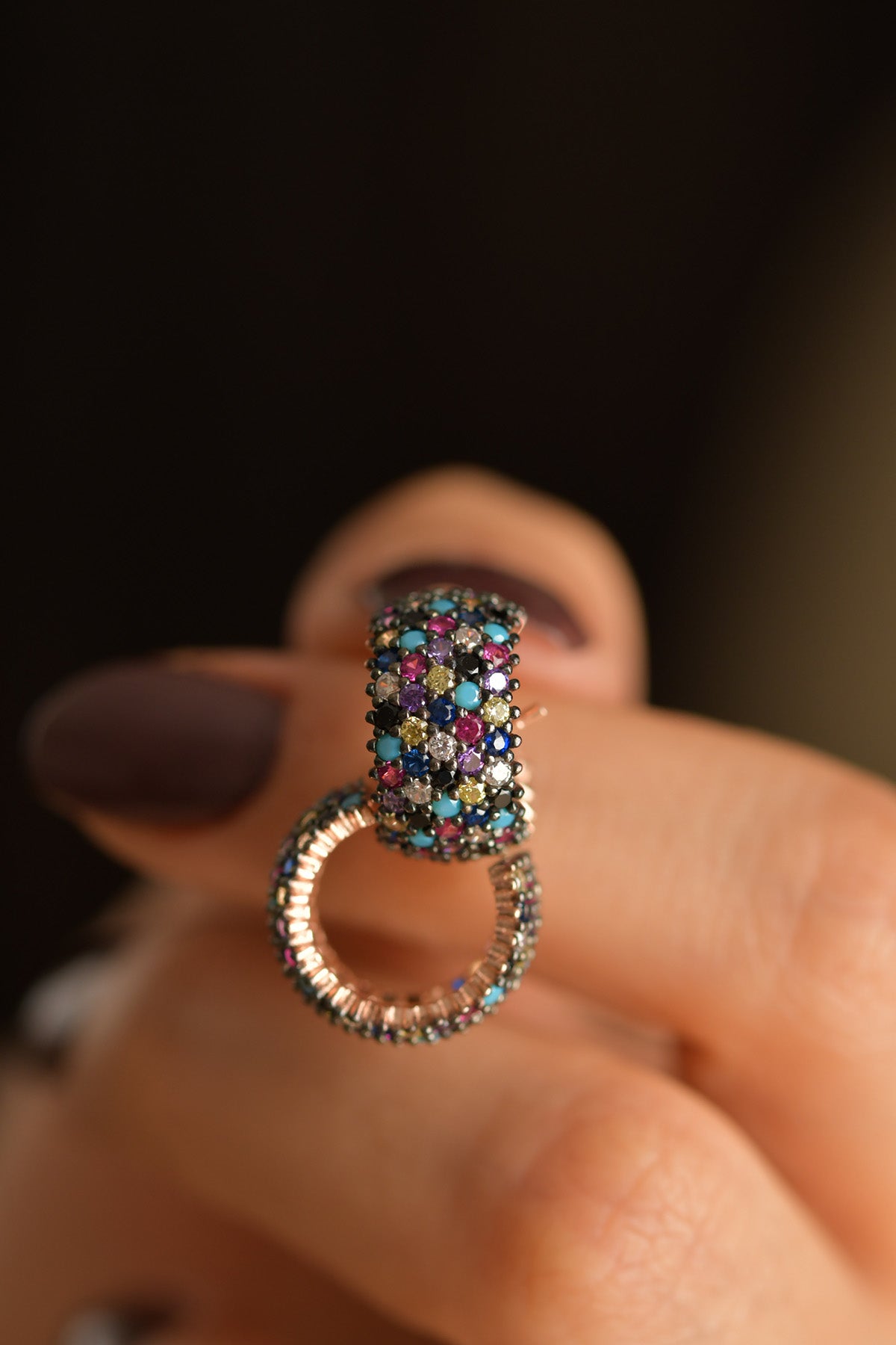 Rose Gold Multicolor Five-Row Pavé Hoops in 925 sterling silver - view 2