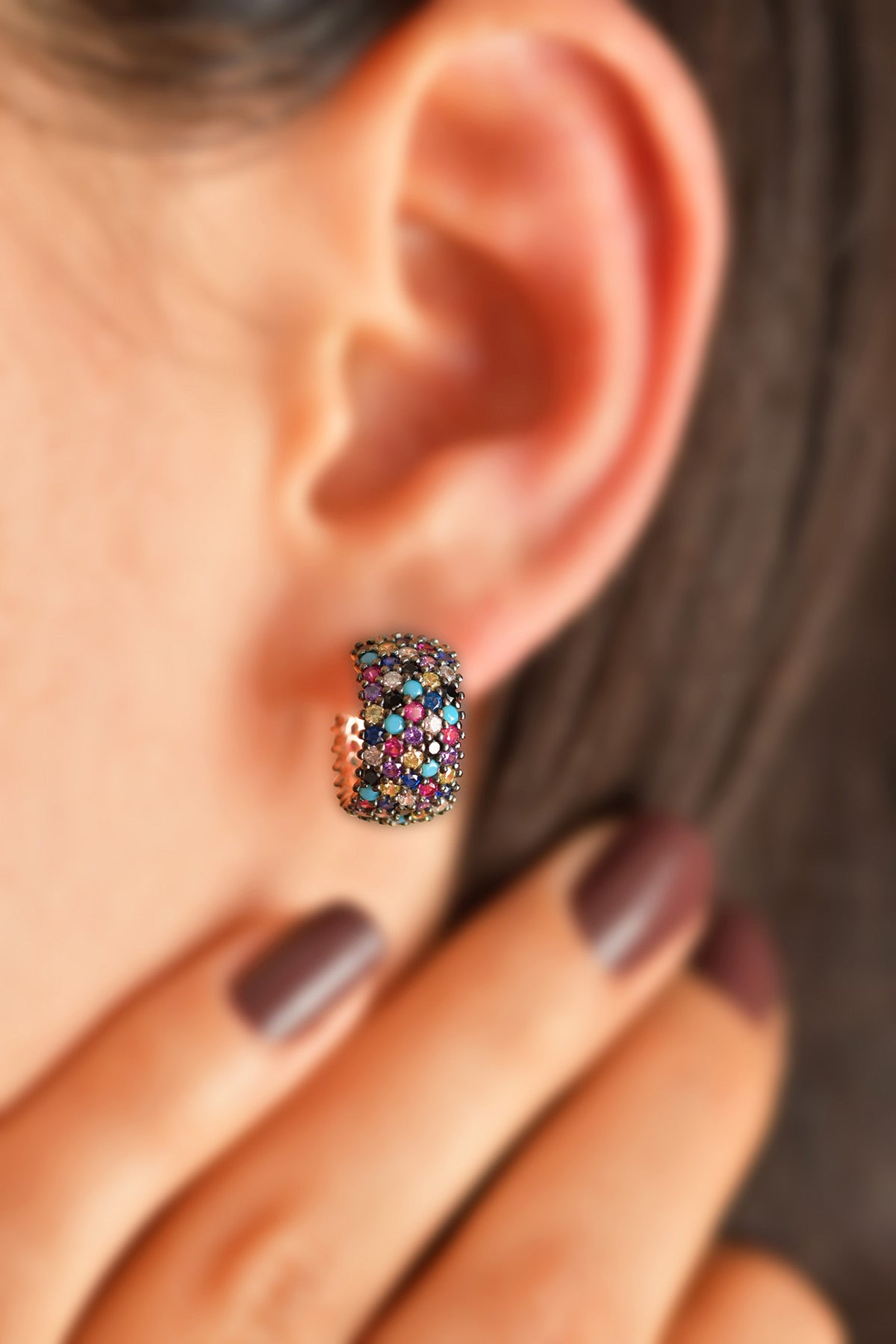 Rose Gold Multicolor Five-Row Pavé Hoops in 925 sterling silver - view 3
