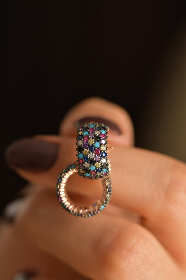Mixed Stone Rose Five-Row Full Eternity Ring Model Stud Silver Earrings