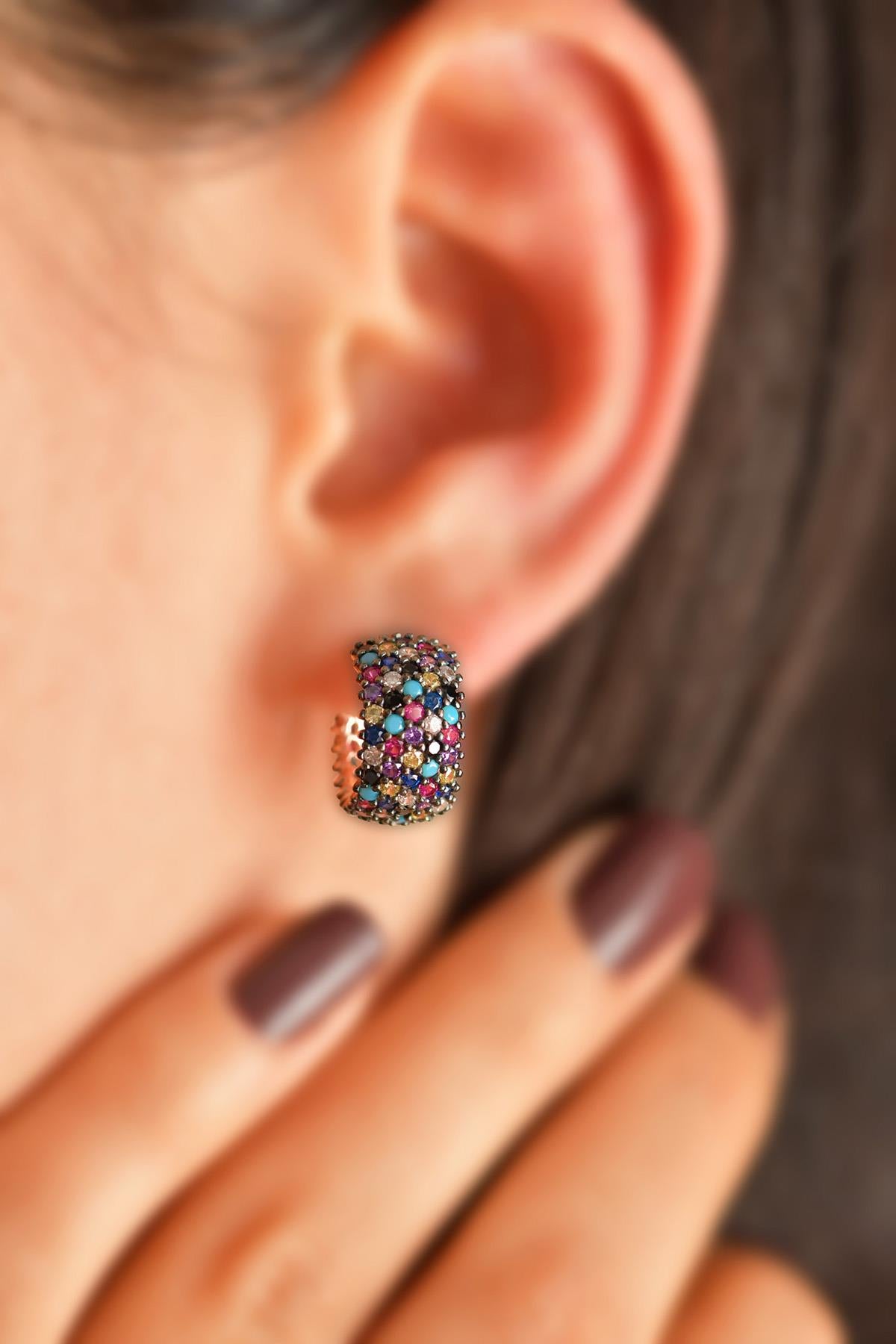 Mixed Five Row Full-Hoop Hoop Style Stud Earrings Rose Gold Plated Silver