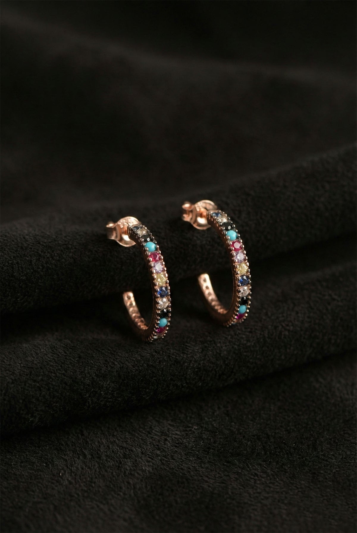 Rose Gold Mixed Stone Medium Hoop Stud Earrings in 925 sterling silver
