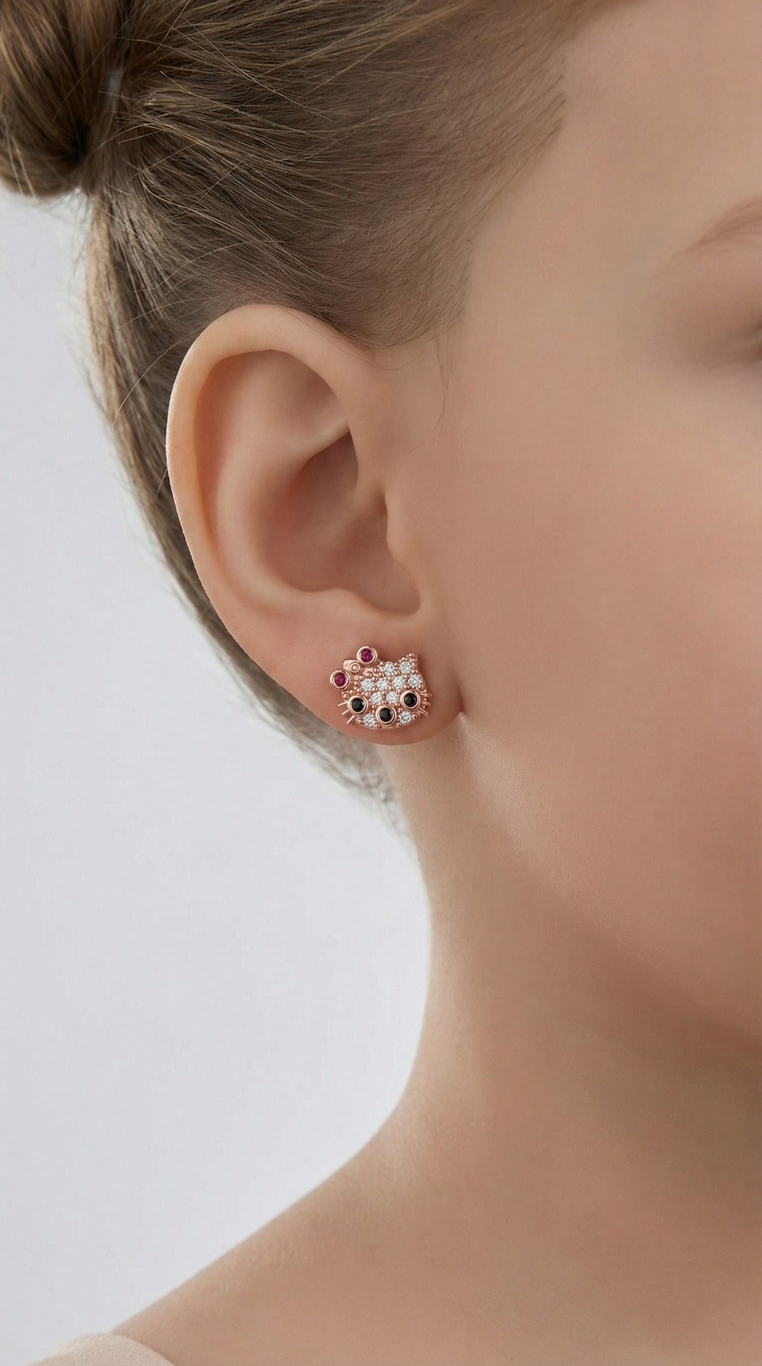 Mixed Stone Rose Hello Kitty Stud Minimal Silver Earring