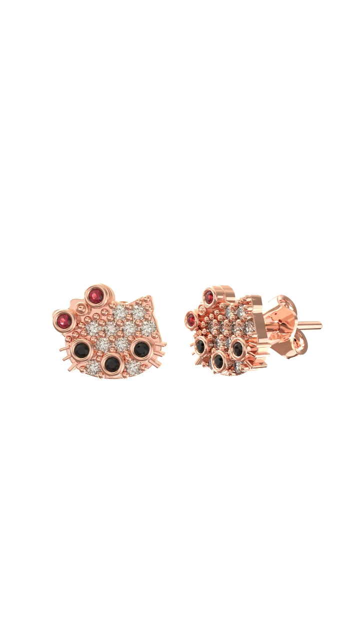 Mixed Stone Rose Hello Kitty Stud Minimal Silver Earring