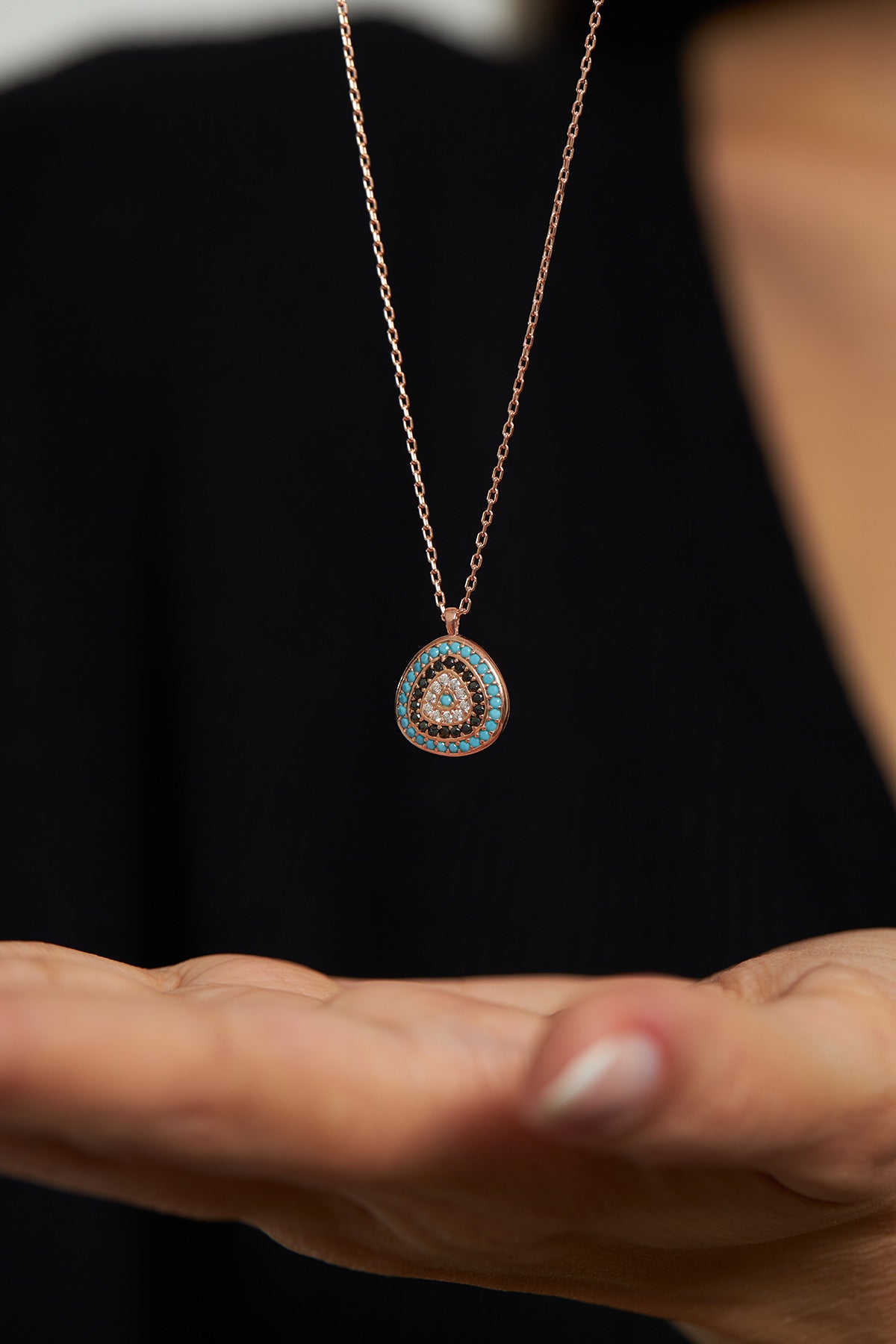 Rose Gold Zircon Evil Eye Teardrop Necklace | 925 Silver