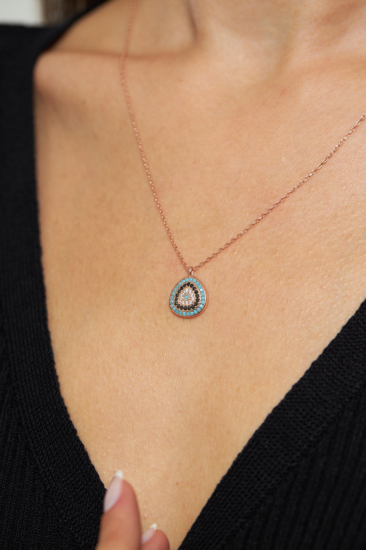 Rose Gold Zircon Evil Eye Teardrop Necklace | 925 Silver