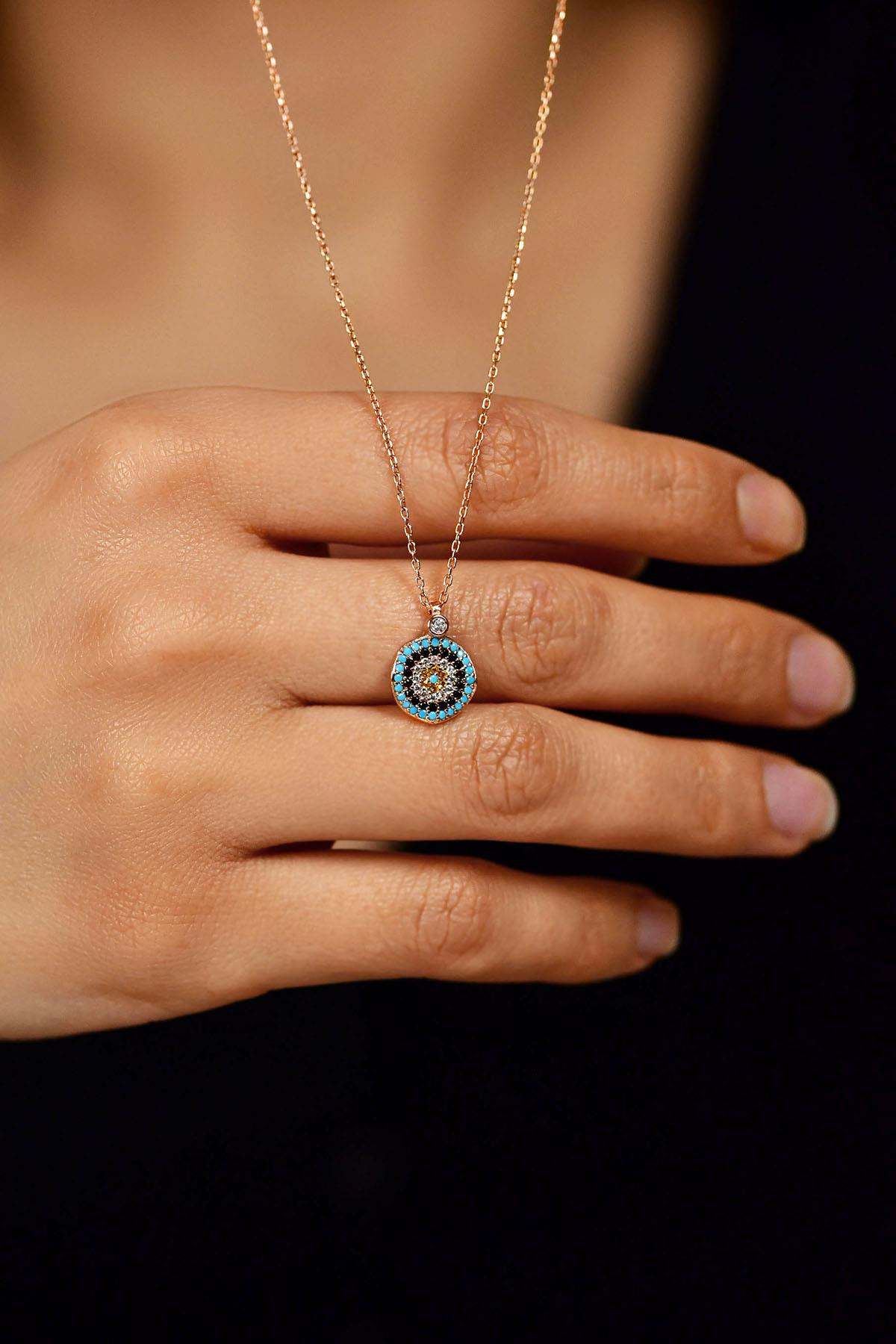 Mixed Evil Eye Round Minimalist Necklace Rose Gold Plated Silver