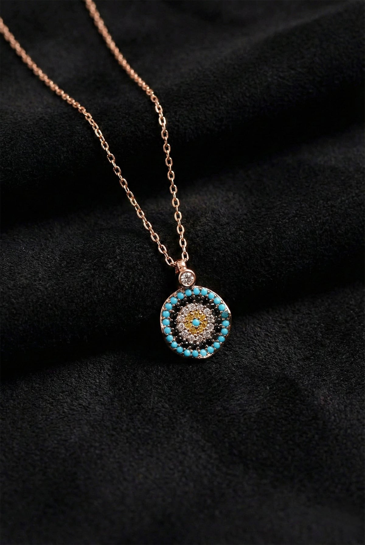 Rose Gold Mixed Round Evil Eye Pendant Necklace in 925 sterling silver