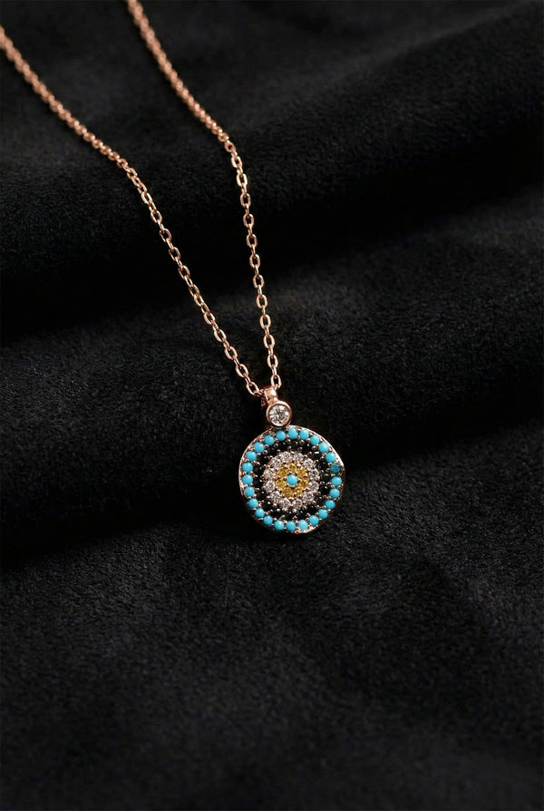 Rose Gold Mixed Round Evil Eye Pendant Necklace | 925 Silver
